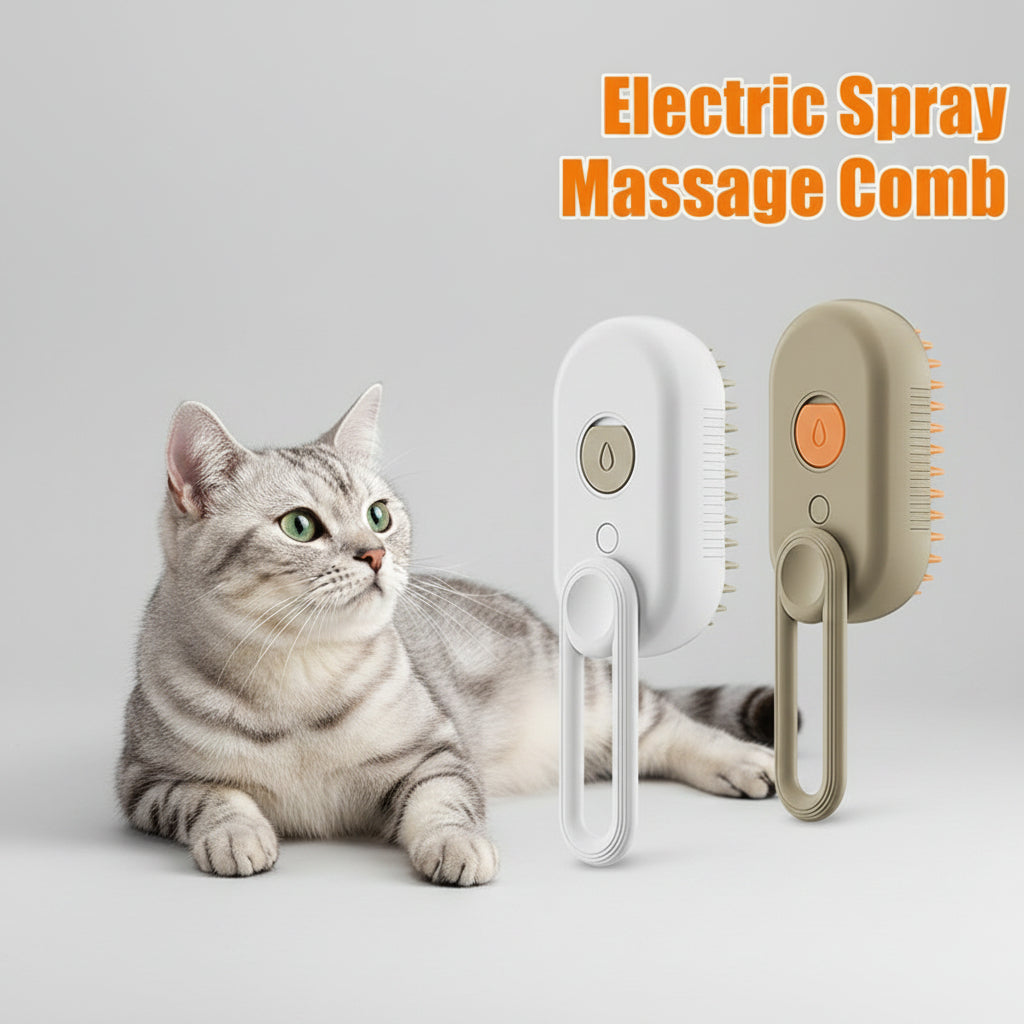 Electric spray massage comb with a cat being groomed, close-up of bristles, and product on a light yellow background.
