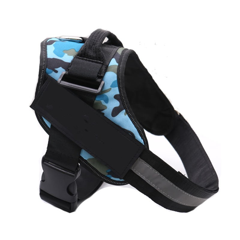 Dog harness with blue camouflage pattern on a white background
