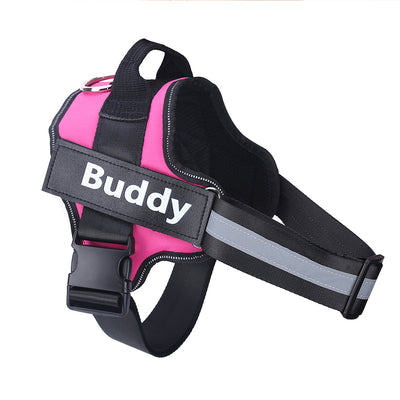 Pink and black dog harness with 'Buddy' branding on a white background